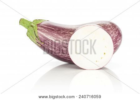 One Striped Purple Eggplant And One Sliced Ring Isolated On White Background
