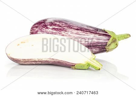 One Striped Purple Eggplant And Section Half Isolated On White Background