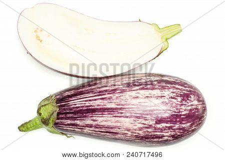 Striped Purple Eggplant Collection Top View Isolated On White Background One Whole And Sliced Sectio