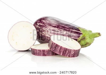 One Striped Purple Eggplant And Three Sliced Rings Isolated On White Background