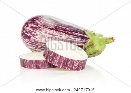 One Striped Purple Eggplant And Two Sliced Rings Isolated On White Background