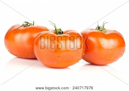 Three Red Tomato Stack With Vine Ends Isolated On White Background Fresh Whole