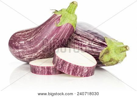 Two Striped Purple Eggplants With Two Sliced Rings Isolated On White Background