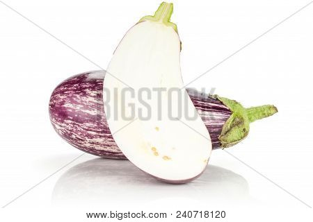 One Striped Purple Eggplant With Section Half Isolated On White Background