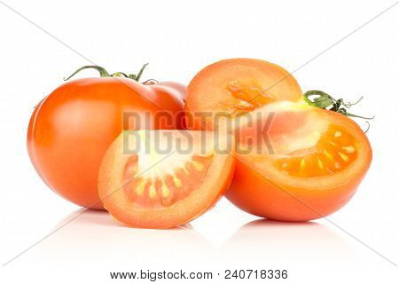 Red Tomato Set One Whole One Half And One Slice Isolated On White Background