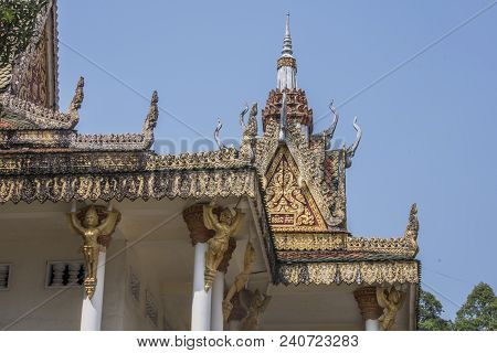Architectural Detail Of The Roof Decoration Of The Main Temple Of Wat Kraom Sihanoukville. Cambodia
