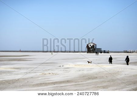 A Cold And Clear Windy Day At The Big Beach. Sankt Peter Ording In The German Part Of The Wadden Sea
