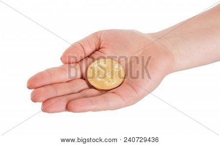 Golden Bitcoin In A Man Hand. Digitall Symbol Of A New Virtual Currency Isolated On White Background