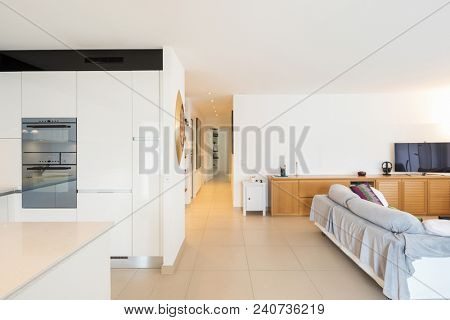Living room with sofas, table with chairs to eat and a modern kitchen. Interior of open space apartment