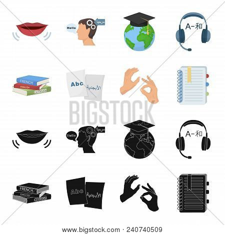 A Pile Of Books In Different Languages, Sheets Of Paper With Translation, A Gesture Of Deaf Mutes, A