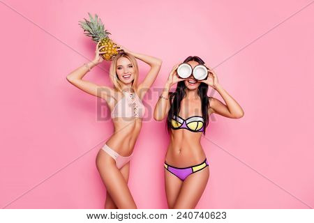 Portrait Of Hot, Charming, Stylish, Pretty, Trendy, Crazy Ladies, Tourists In Swim Suits, Blonde Hav