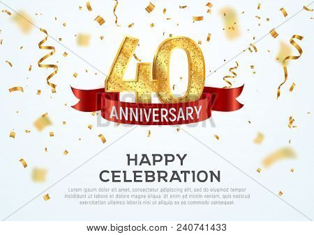 40 Years Anniversary Vector Banner Template. Fourty Year Jubilee With Red Ribbon And Confetti On Whi