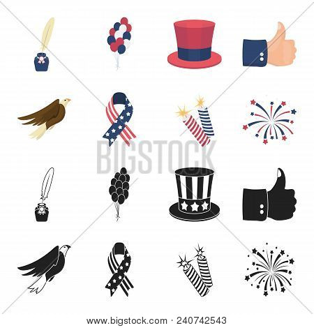 American Eagle, Ribbon, Salute. The Patriot Day Set Collection Icons In Black, Cartoon Style Vector 