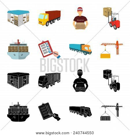 Sea Freight, Signature Of Delivery Documents, Truck, Tower Crane With A Container. Logistics And Del