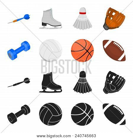 Blue Dumbbell, White Soccer Ball, Basketball, Rugby Ball. Sport Set Collection Icons In Black, Carto