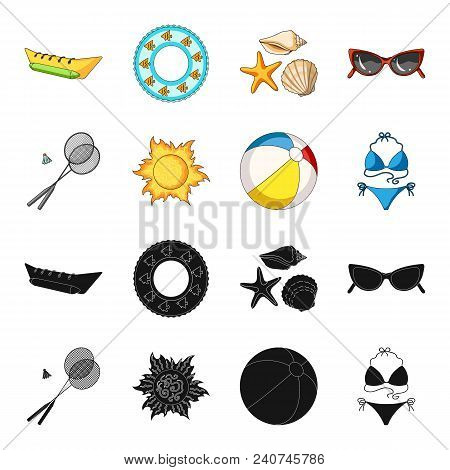 A Game Of Badminton, A Ball And The Sun.summer Vacation Set Collection Icons In Black, Cartoon Style