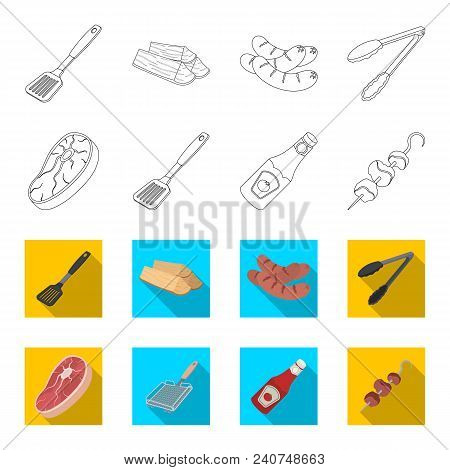 Raw Meat Steak, Grill With Handle, Bottle Of Ketchup, Shish Kebab.bbq Set Collection Icons In Outlin