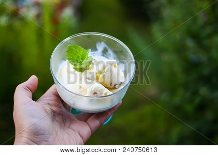 Ice Cream With Fresh Green Mint Leaves In A Transparent Vase In A Hand On Summer Nature Background.