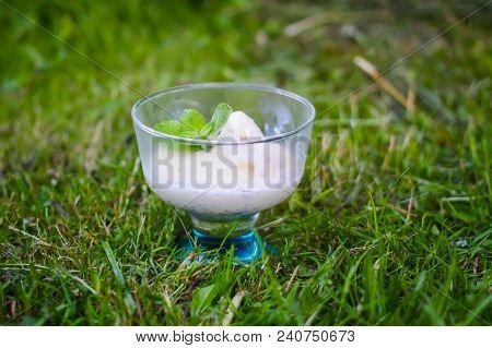 Icecream With Fresh Green Mint Leaves In A Transparent Vase On Summer Nature Background.