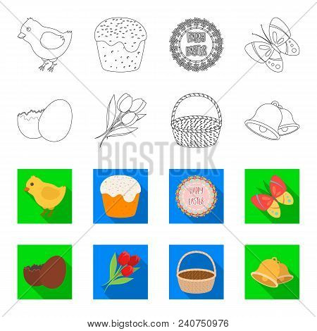 Chocolate Egg, Bells, Basket And Flowers.easter Set Collection Icons In Outline, Flat Style Vector S