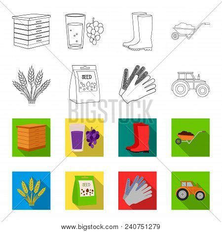 Spikelets Of Wheat, A Packet Of Seeds, A Tractor, Gloves.farm Set Collection Icons In Outline, Flat 