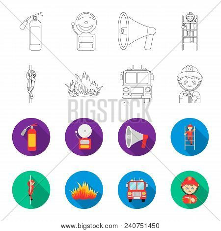 Fireman, Flame, Fire Truck. Fire Departmentset Set Collection Icons In Outline, Flat Style Vector Sy