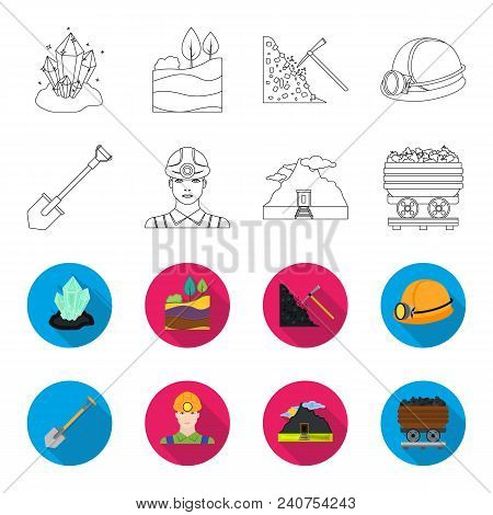 A Shovel, A Miner, An Entrance To A Mine, A Trolley With Coal.mine Set Collection Icons In Outline, 