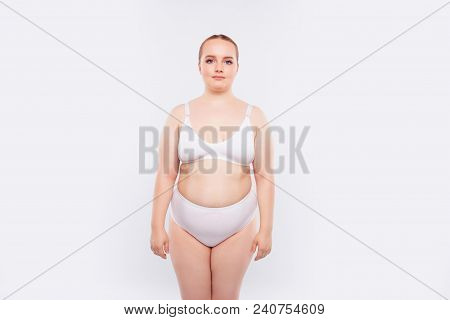 Portrait Of Fatty With Excess Weight Naked Wearing White Underlinen Model With Flawed Skin, Fat Fold