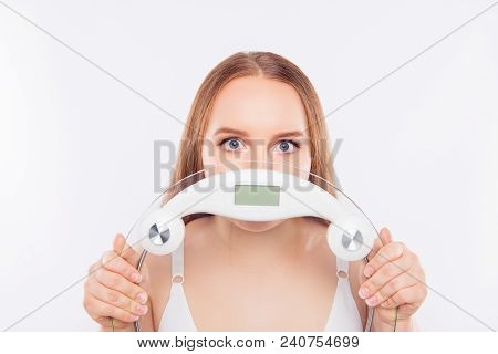 Close Up Portrait Of Shy Scared Sad Upset Surprised Wondered Chubby Fatty Woman's Face, Red-haired, 