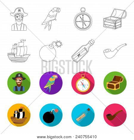 Pirate, Bandit, Ship, Sail .pirates Set Collection Icons In Outline, Flat Style Vector Symbol Stock 