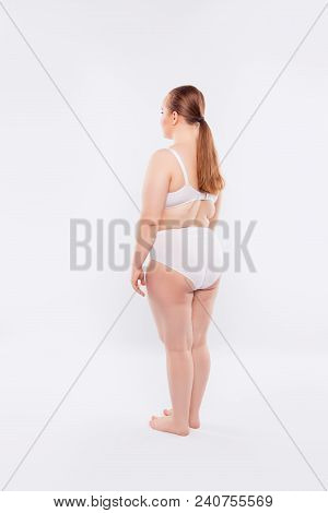 Rear Half-turned Full-length Full-size View Photo Of Obese Naked Nude Woman's Body With Sagged Flabb
