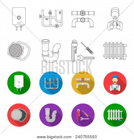 Sewage Hatch, Tool, Radiator.plumbing Set Collection Icons In Outline, Flat Style Vector Symbol Stoc