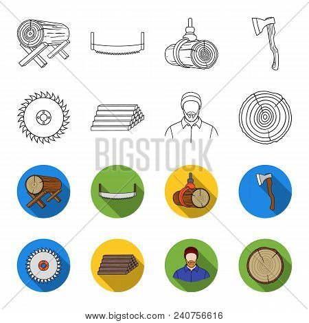 Circular Saw, A Working Carpenter, A Stack Of Logs. A Sawmill And Timber Set Collection Icons In Out
