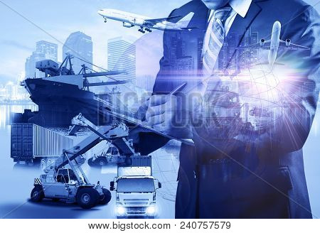 Double Exposure Business Logistics Concept, Map Global Partner Connection Of Container Cargo Freight