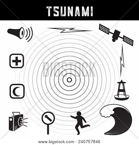 Tsunami Icons And Symbols: Earthquake Epicenter, Satellite And Transmission, Tsunami Detection Buoy,