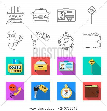 Handset With The Inscription Of A Taxi, Car Keys With A Key Fob, A Stopwatch With A Fare, A Purse Wi