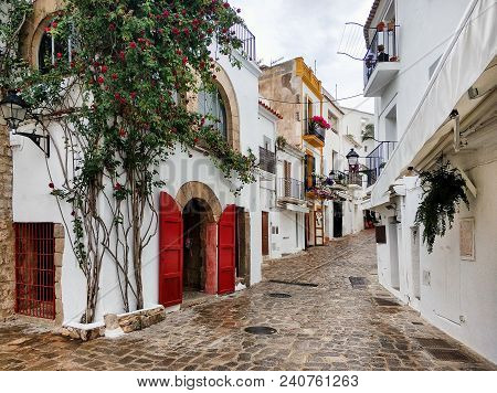 Charming Empty Cobblestone White-washed Street Of Old Town Of Ibiza (eivissa), Balearic Islands. Spa