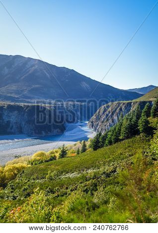 Mountain Canyon And River Landscape In New Zealand Alps