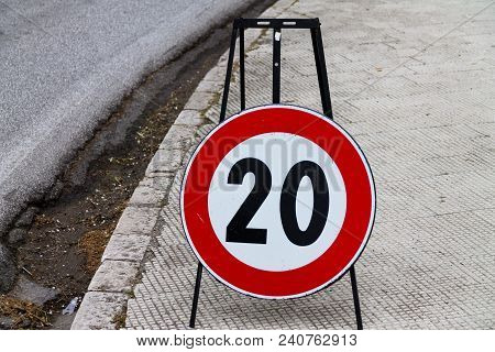 Speed Limit Sign With Traffic, Repair Works On The Road, Temporary Limit Sign