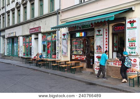 Dresden, Germany - May 10, 2018: People Visit Restaurants In Neustadt District Of Dresden. Neustadt 