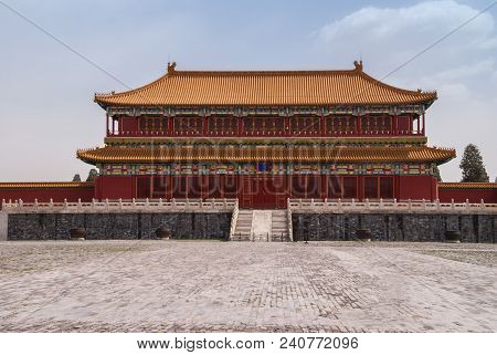 Beijing, China - April 27, 2010: Smaller Though Impressive, Double-level Red Hall With Orange Roof A