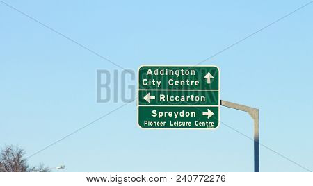 Christchurch Road Sign In New Zealand With Copy Space