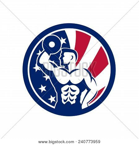 Icon Retro Style Illustration Of An American  Fitness Gym Showing A Bodybuilder Lifting Dumbbell  Wi