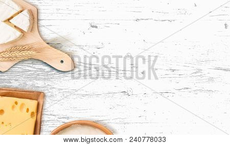 Shavuot Background With Dairy Products On White.