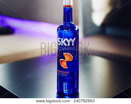 Dnipro, Ukraine - Apr 30, 2018: Bottle Of Skyy Vodka On The Black Bar Table In Restaurant