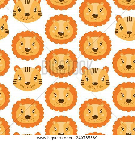 Cute Vector Seamless Pattern With Lion And Tiger Face. On White Background.