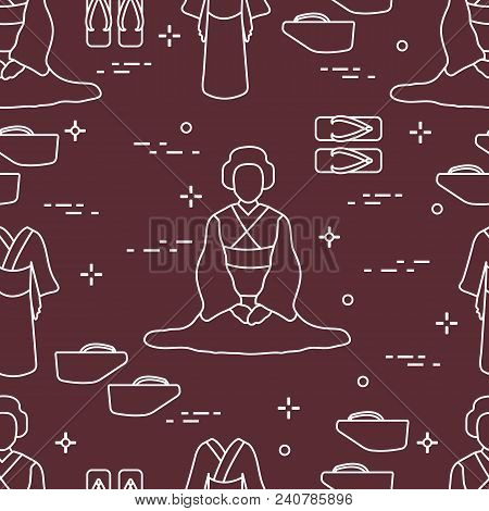 Seamless Pattern With Asian Woman, Traditional Japanese Clothing, Shoes. Travel And Leisure.