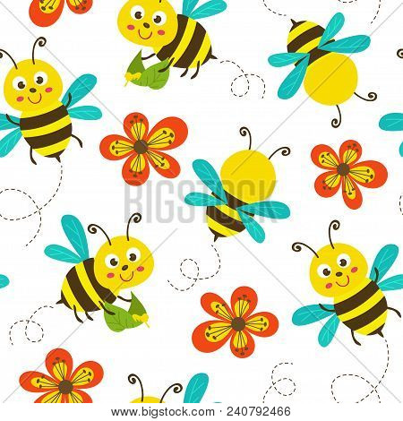 Seamless Pattern With Funny Bees - Vector Illustration, Eps