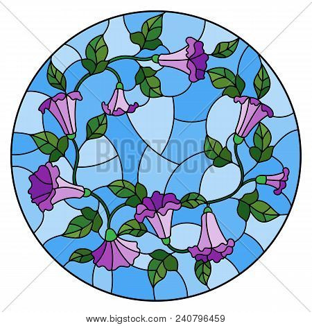 Illustration In Stained Glass Style Flowers Loach, Purple Flowers And Leaves On Blue Background,roun