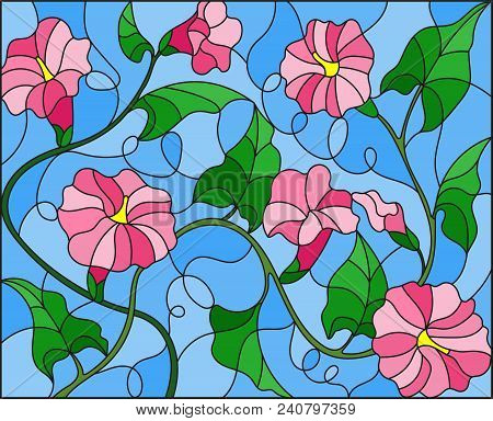 Illustration In Stained Glass Style Flowers Loach, Pink Flowers And Leaves On Blue  Background